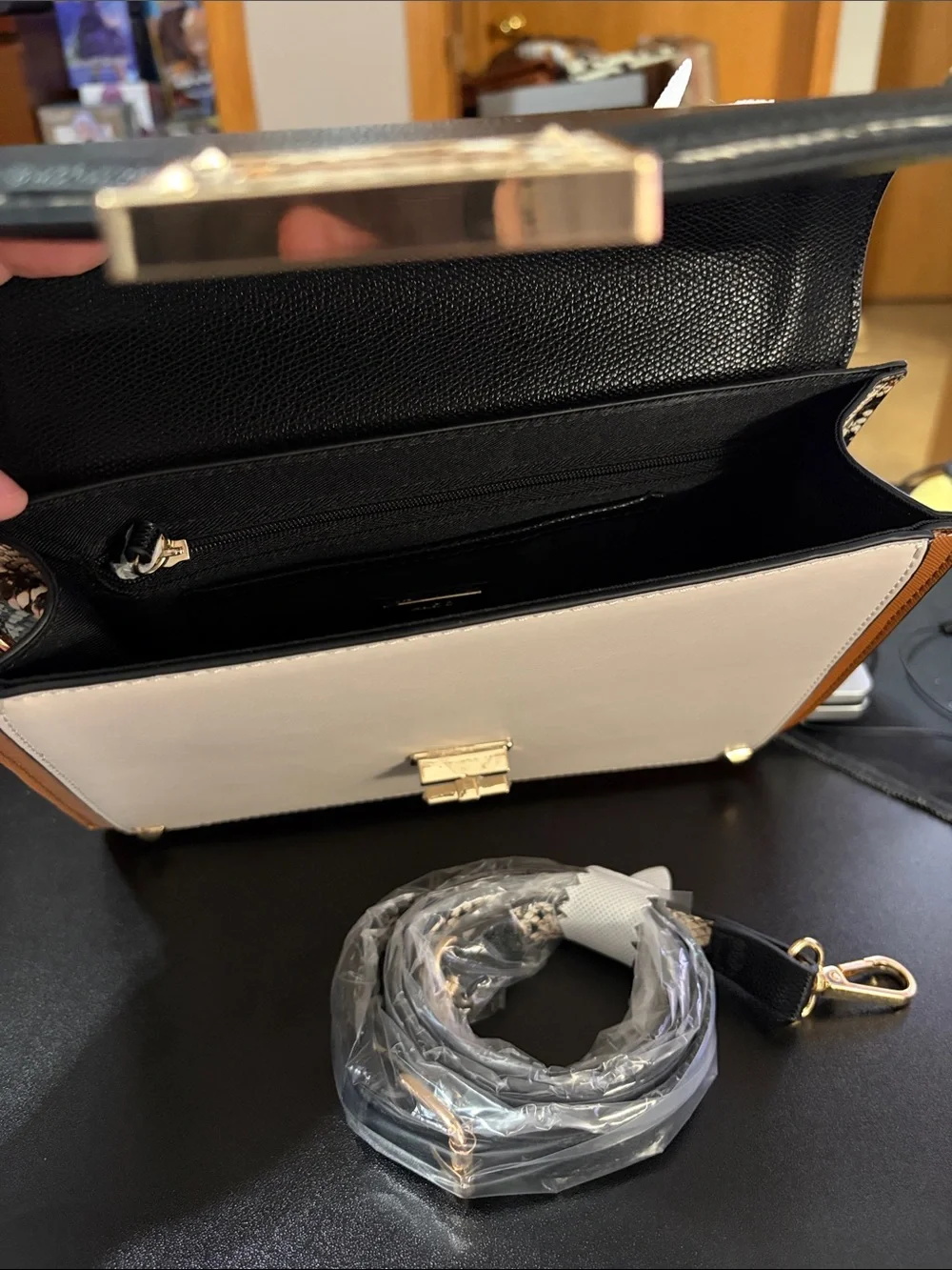 ALDO Black, Cream & Brown Colorblock Top-Handle Satchel with Snake-Print Trim